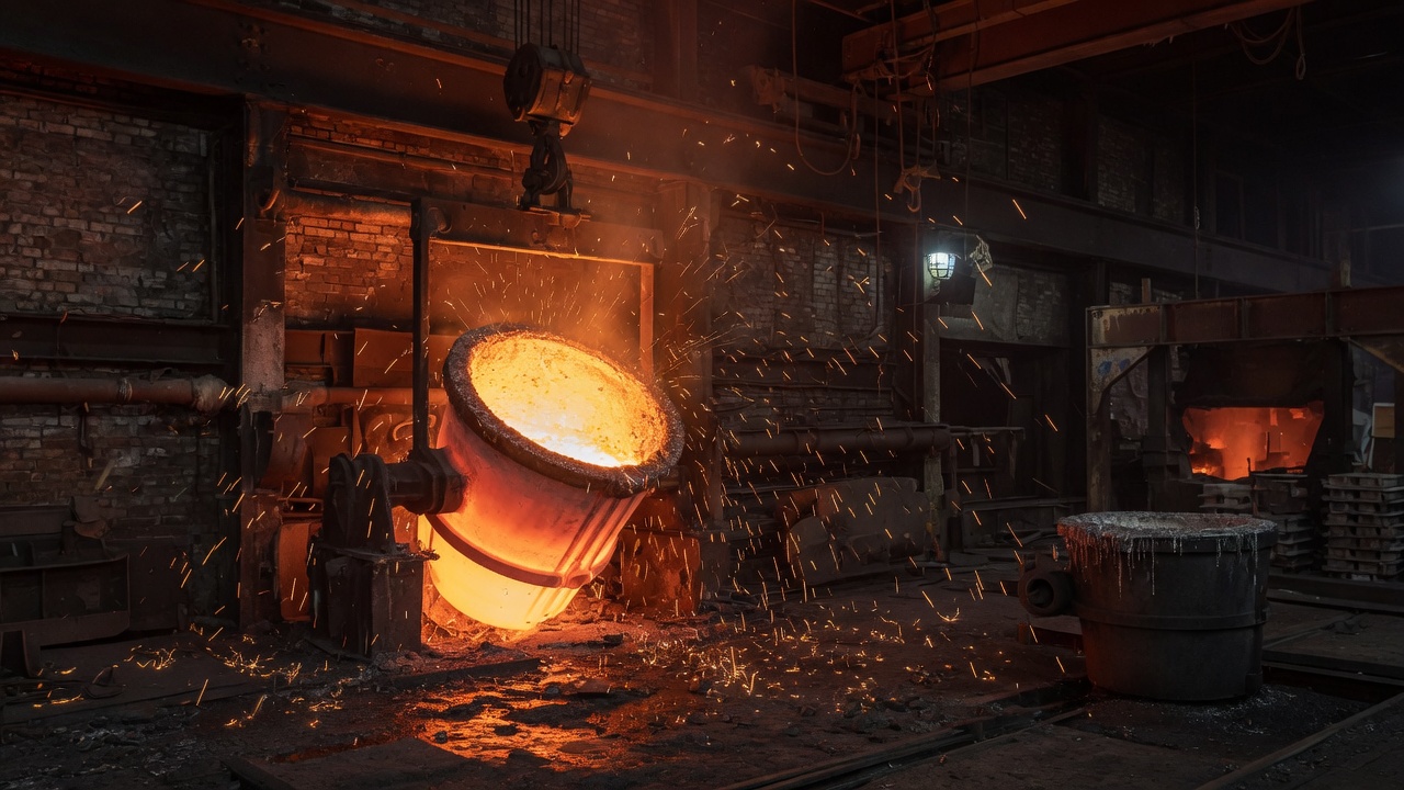 A glowing foundry crucible pouring molten metal