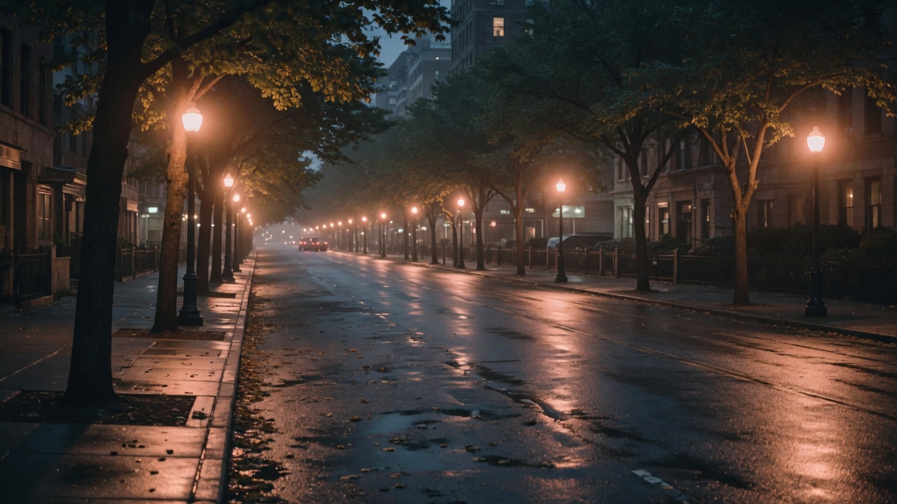A wet tree-lined avenue at night under warm streetlamps