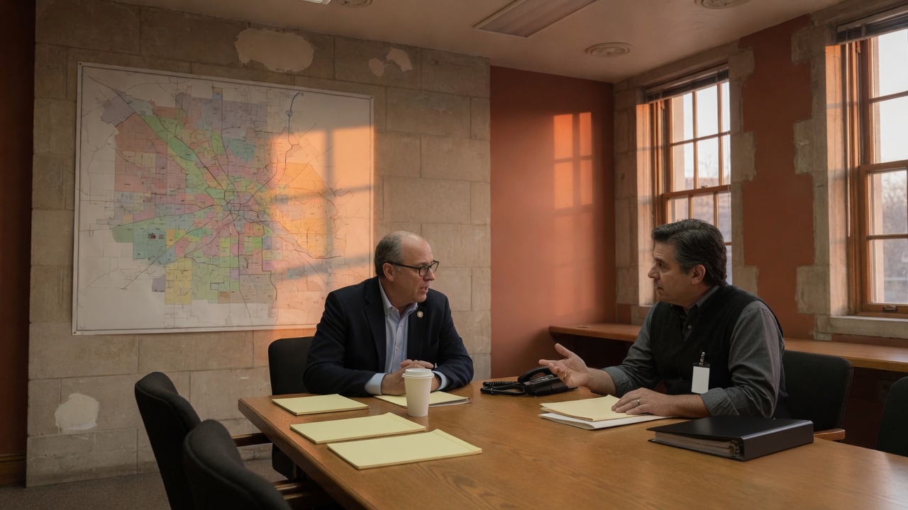 Two civic operators sitting at a table in a city-hall conference room