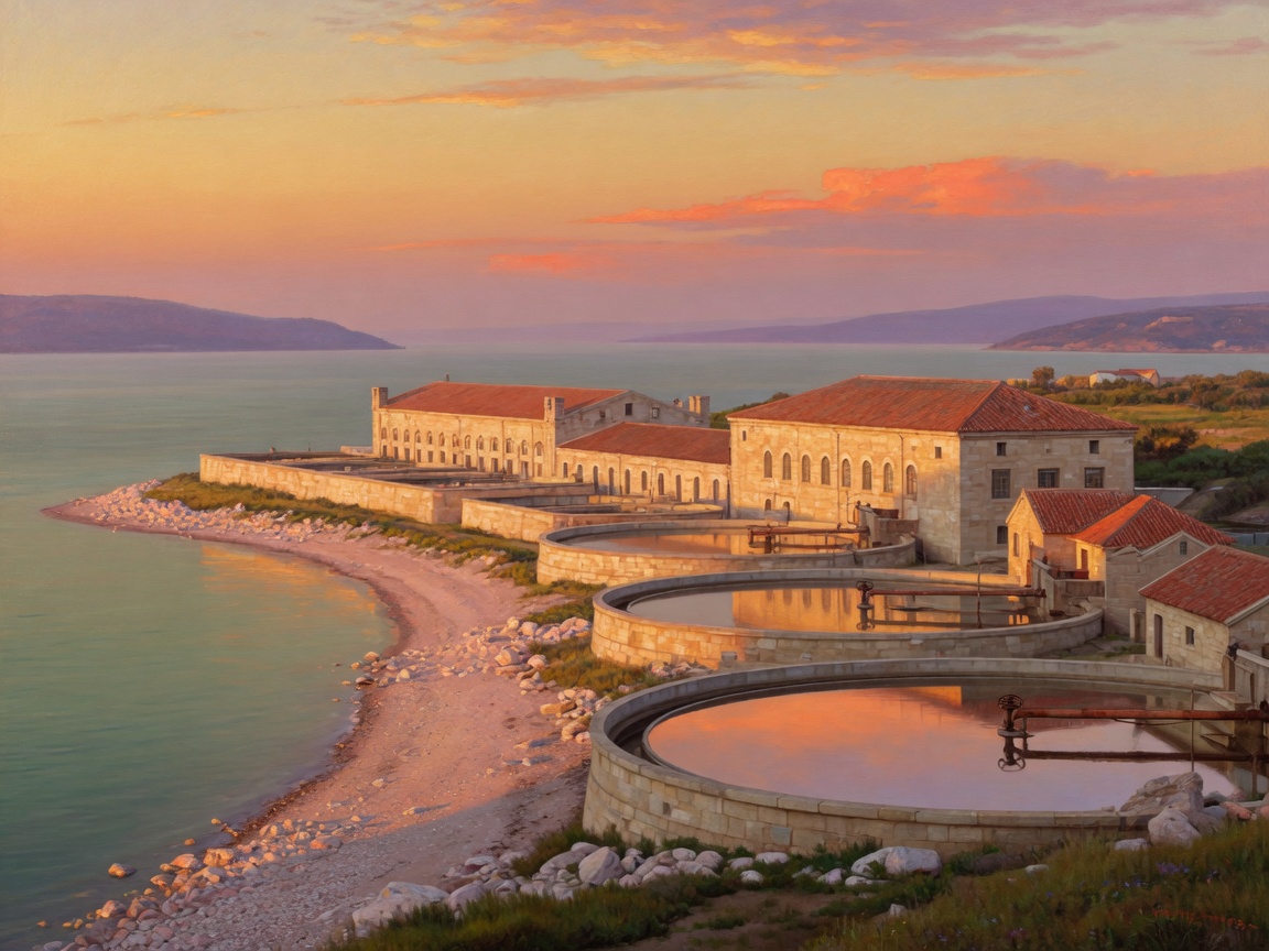 A coastal desalination plant at golden hour