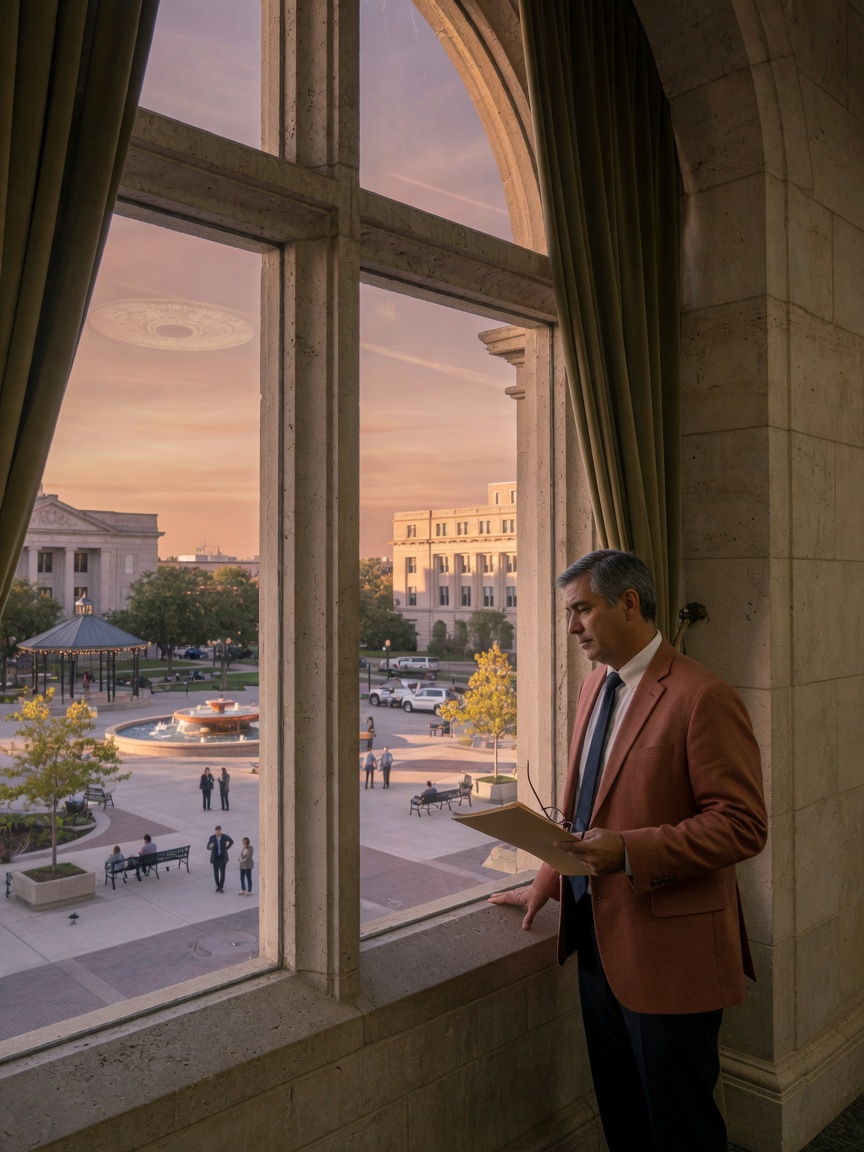 City manager at a limestone window overlooking a civic plaza