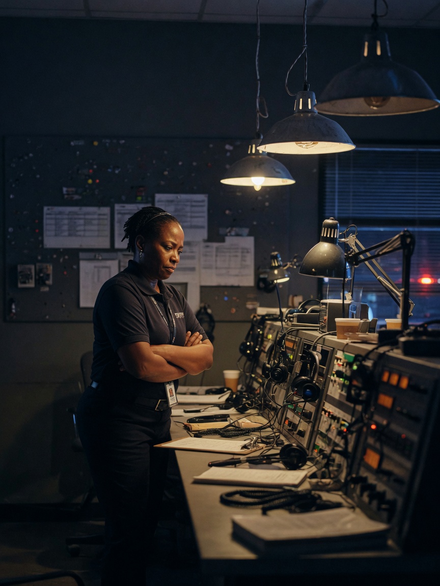 Public safety lead in a half-dark dispatch loft